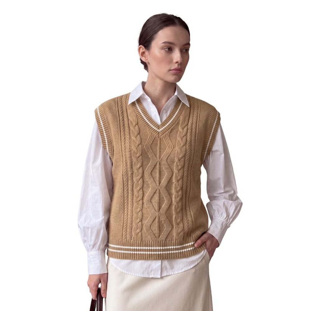 Women's V-Neck Cable Knit Vest - Sleeveless Casual Fall Winter Top Khaki